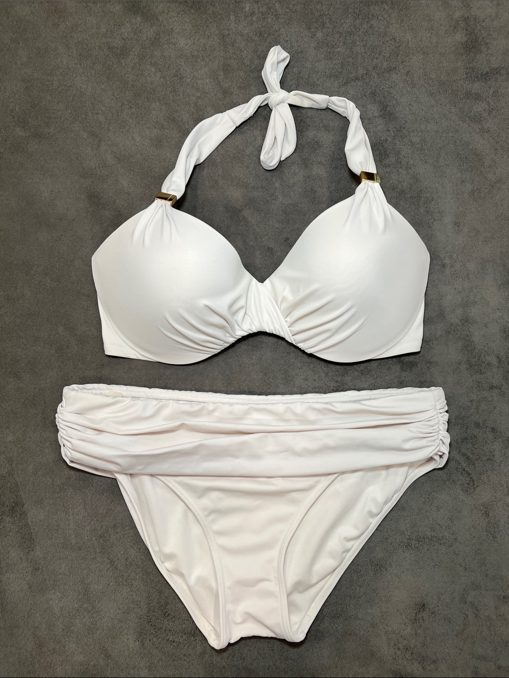 Victoria's Secret White Halter Bikini Set with Gold Bottom M Top 36D - Picture 5 of 10
